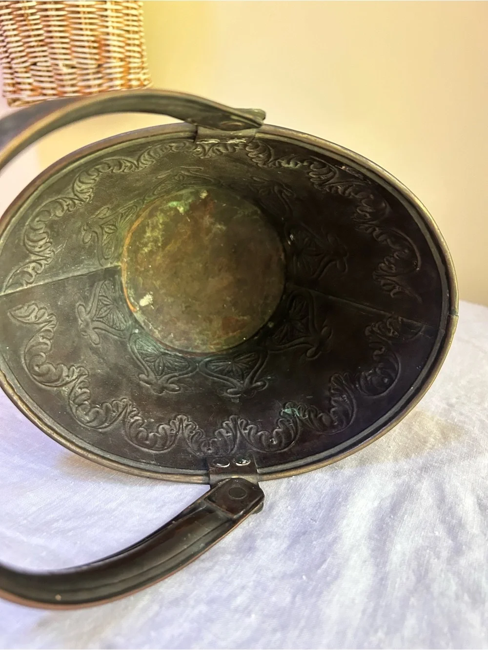 Vintage Mid-Century Embossed Brass Coal Bucket